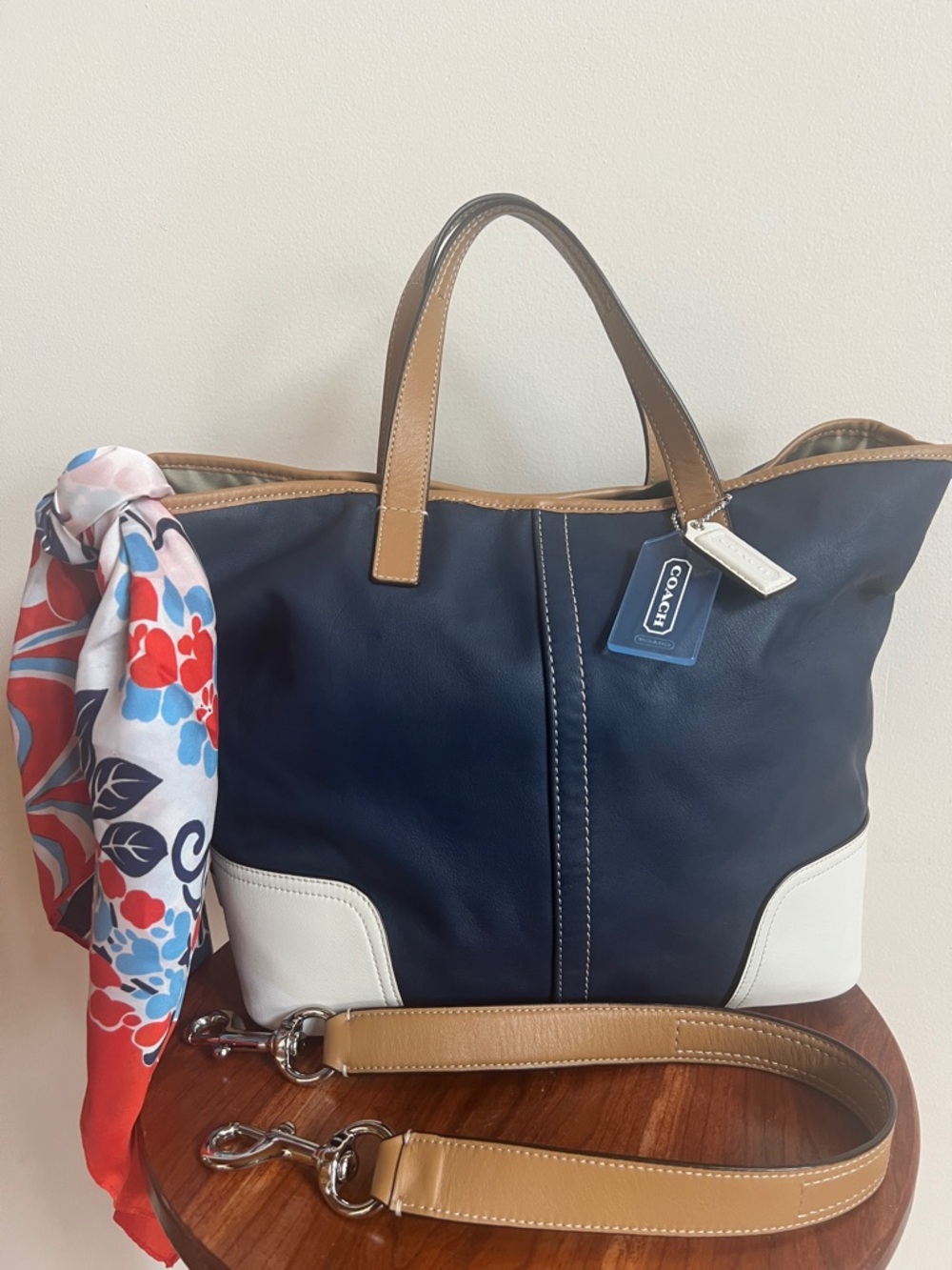 Coach Hadley Navy Tan Trim and White Accents added scarf for flair